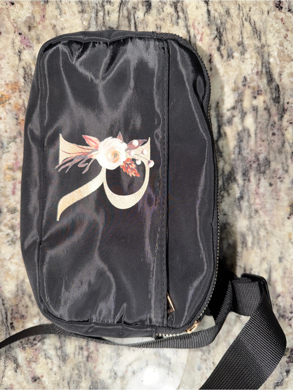 Black Crossbody Bag with Floral Script Accent